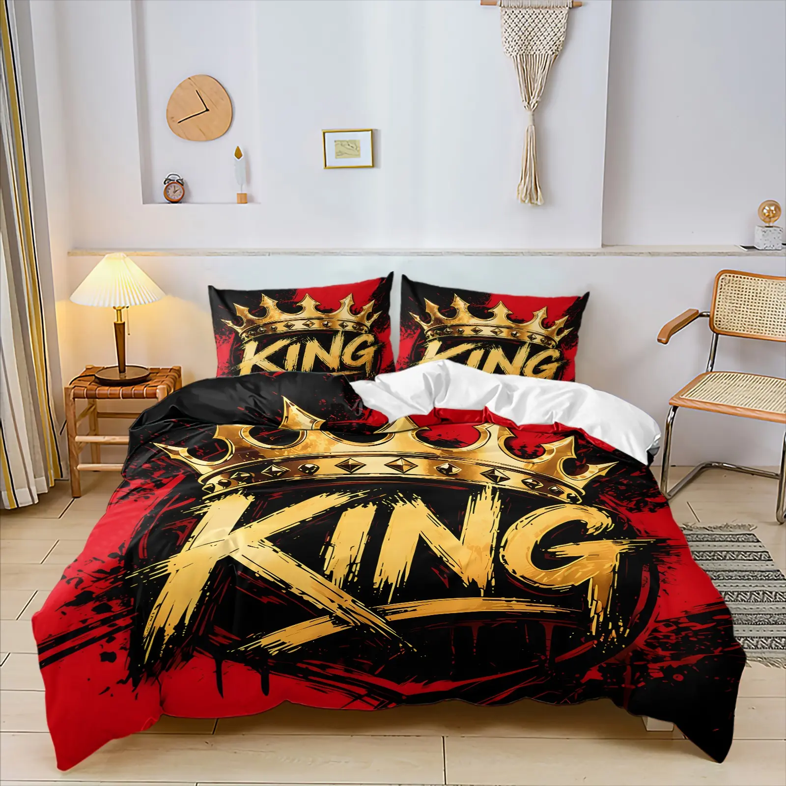 Tough Guy Hip Hop Style Bedding, Red Black Splash Ink Graffiti Golden Crown KING Duvet Cover Set & 1-2 Coreless Pillowcases,  Comfortable All Seasons, Soft Breathable Durable Fabric, Suitable For Streetwear Men Bedroom Decoration, Gift Options