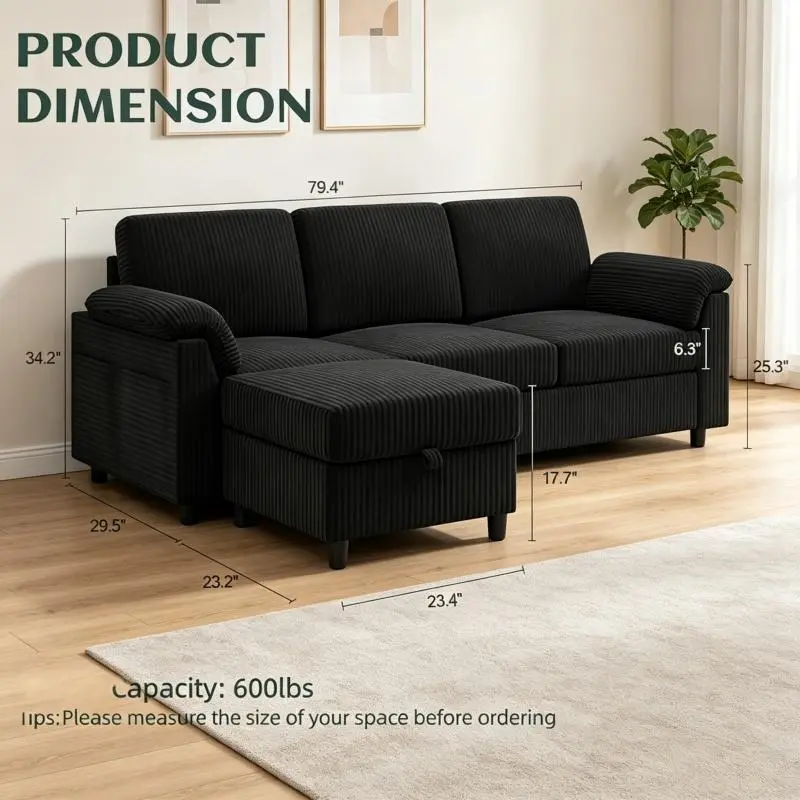 3-Seat L-Shaped Convertible Sectional Sofa - Soft Corduroy Small Couch with Removable Pillows, Movable Ottoman, Mid-Century Modern Minimalist Furniture for Living Room, Apartment Decorating, Studio Spaces, Furniture For Apartment