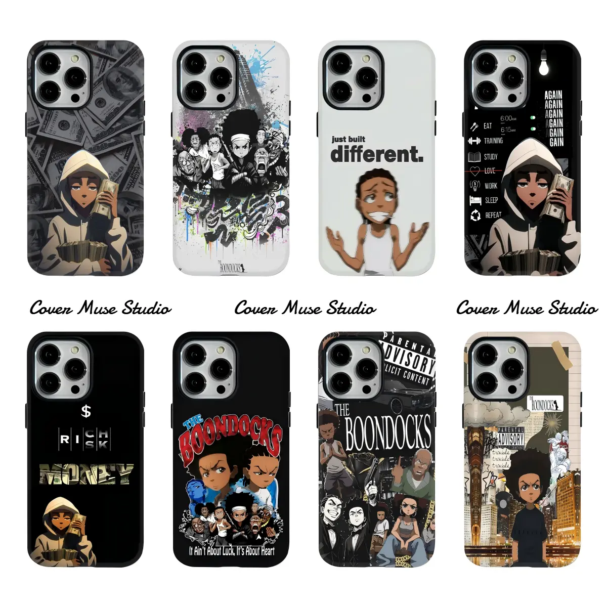 The Boondocks Huey Riley Hustle Streetwear Phone Case - Money Stack & Motivational Quote Hybrid Glossy Cover, Durable Anti-Scratch PC+TPU Protection for iPhone 17/16/15/14/13/12/11 Pro Max, Retro Cartoon Shockproof Wireless Accessories