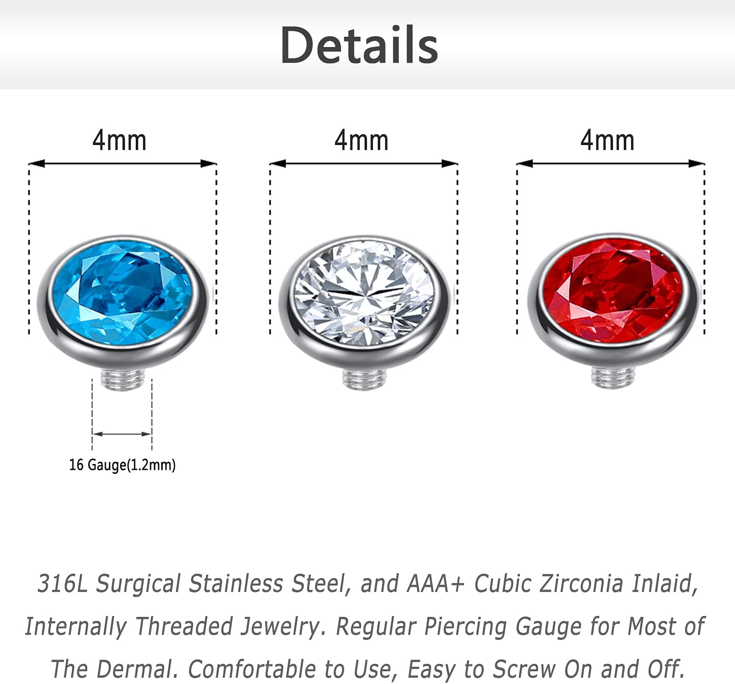 14/15PCS Cubic Zirconia Dermal Anchor Tops 2mm 3mm 4mm, 14G Surgical Steel Internally Threaded Dermal Anchor Base Microdermals Piercing for Women Men