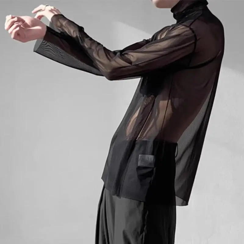 Men Mesh Sheer Turtleneck Casual T-shirts Nightclub Long Sleeve Base Shirts Mens Undershirt Transparent Tops Club Streetwear