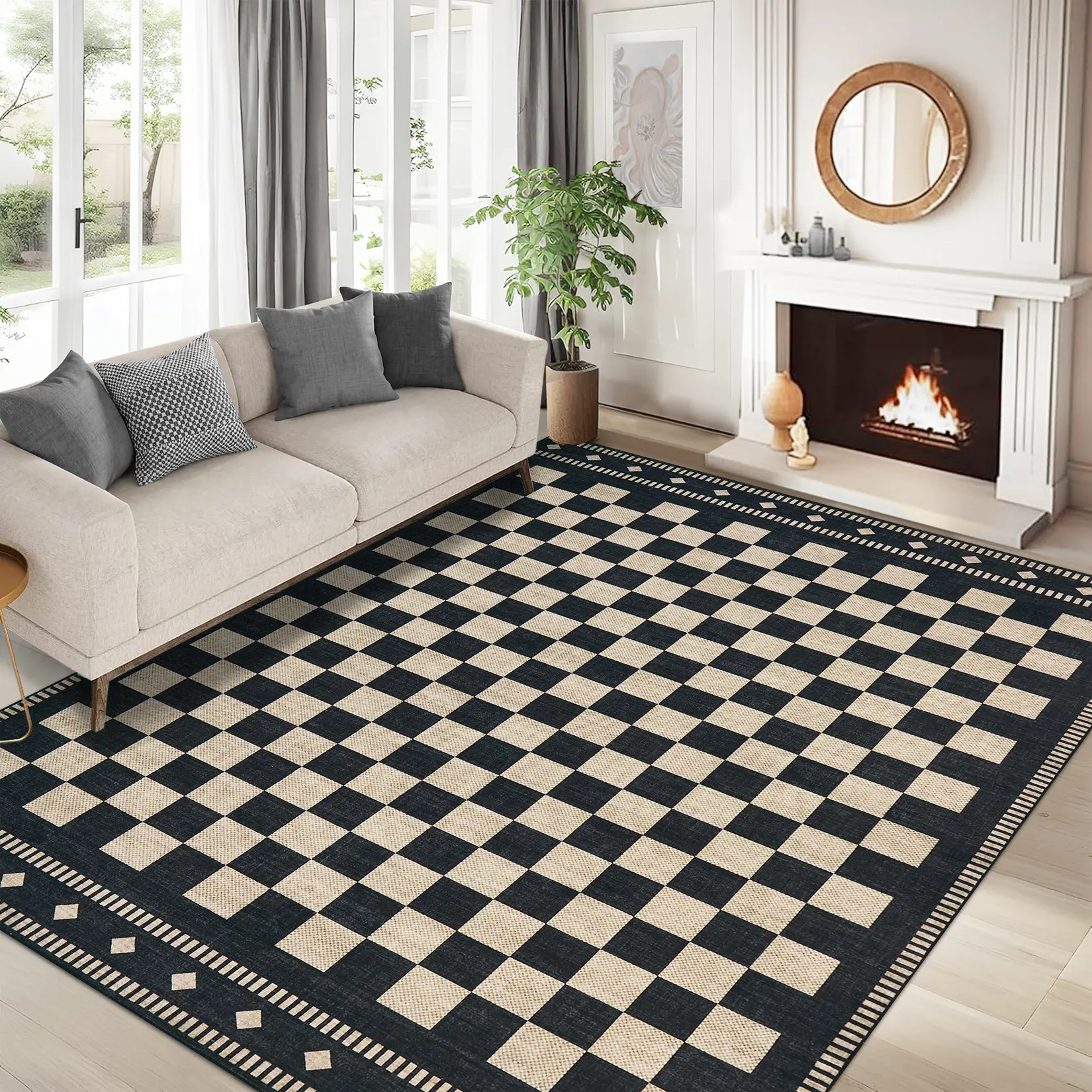 Washable Living Room Rug Checkered Sage Green Non Slip Area Rug Low Pile Farmhouse Neutral Soft Throw Rug Carpet for Bedroom Nursery Office