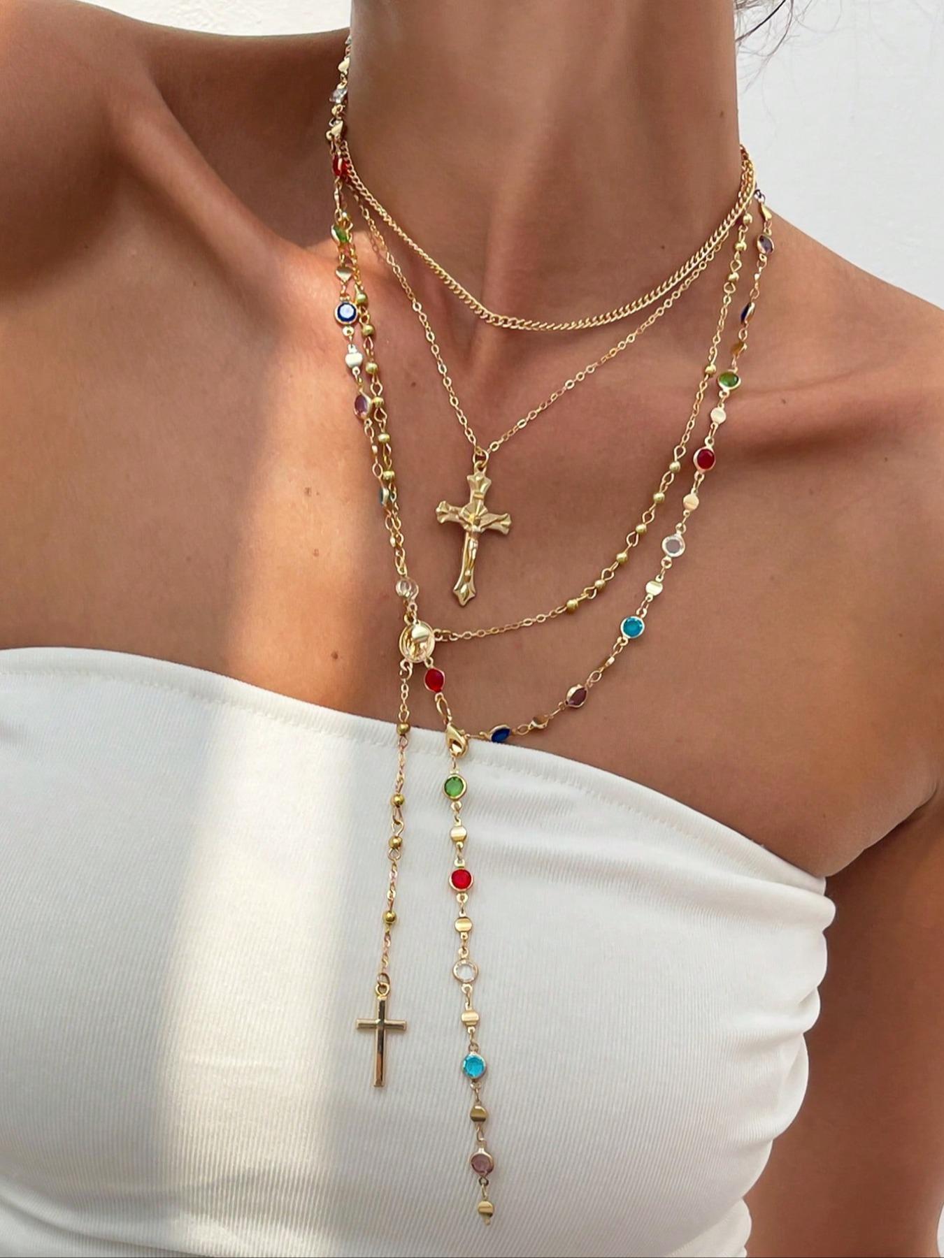 4 Piece Vintage Metal Jesus Cross Y-Style Long Necklace Set, Stunning Bohemian Colorful Crystal Pendant for Women, Perfect for Everyday and Vacation Wear, Layered Necklaces