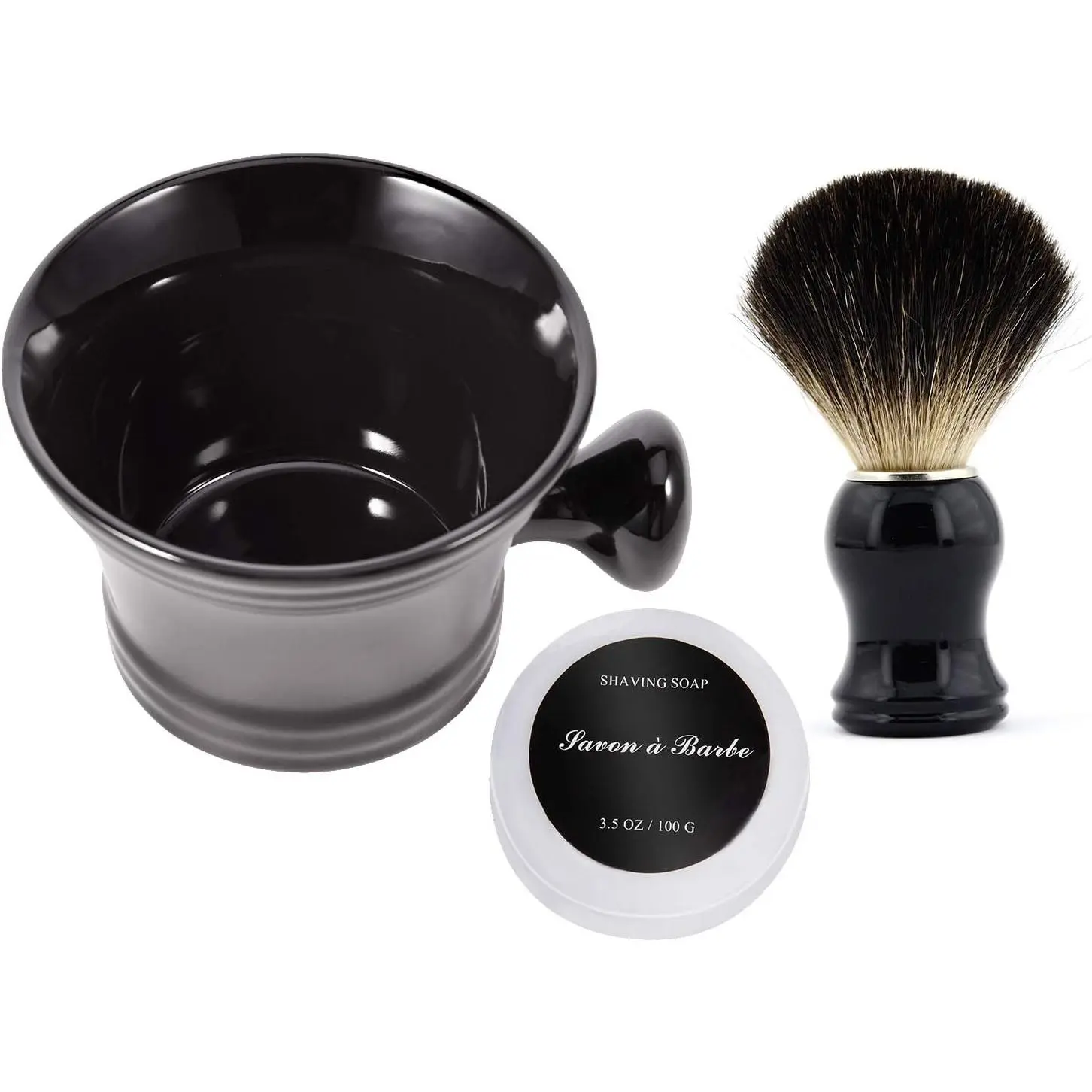 Ceramic Shaving Soap Bowl Kit For Men with Pure Badger Shaving Brush Shaving Cream Soap Wide Mouth Black Ceramic Shaving Bowl Mug with Knob Handle