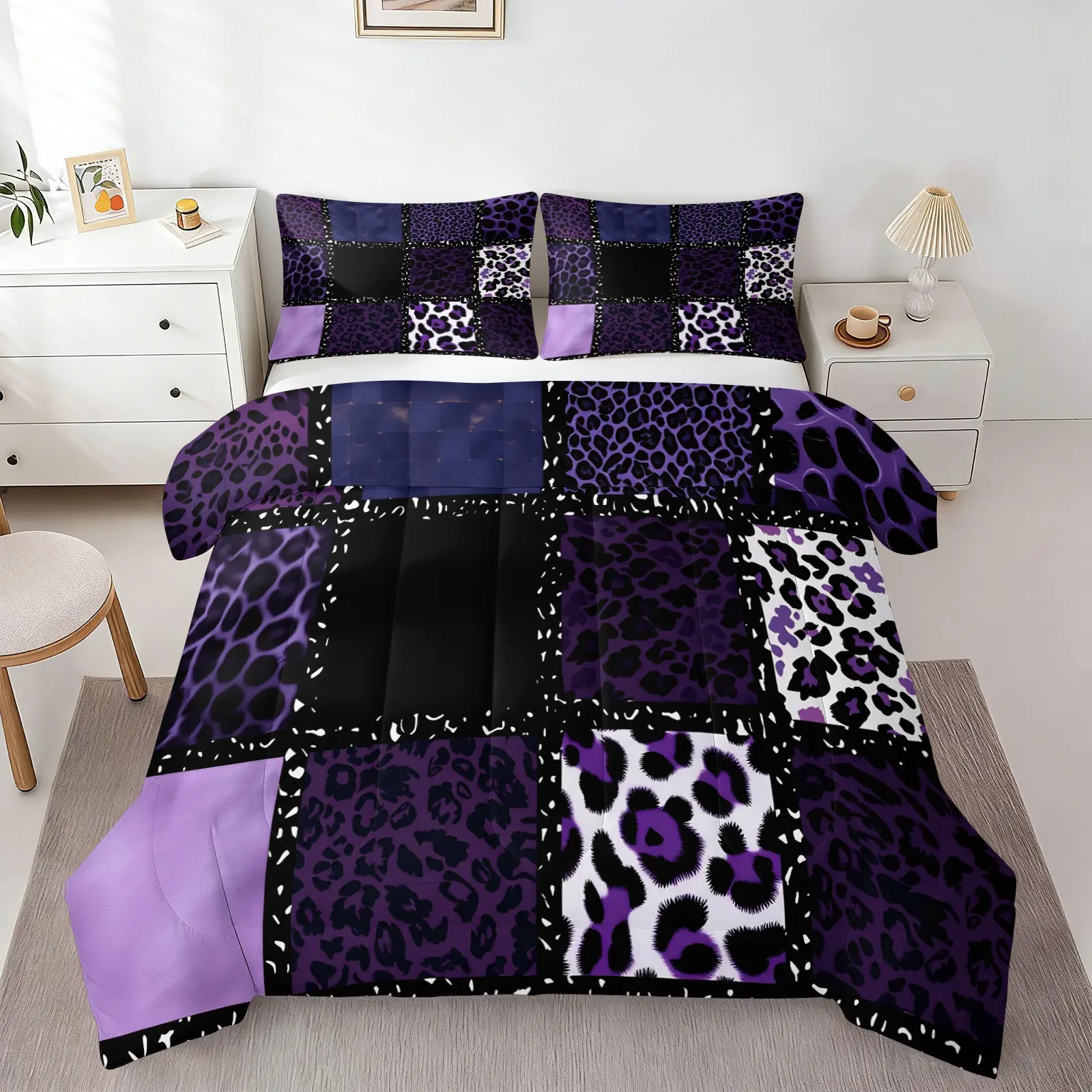 Hot Girl Style Purple Black Leopard Print Quilted Comforter Set, Soft, Comfortable And Breathable For All Seasons,1 Quilt & 1-2 Coreless Pillowcases, Vintage Spliced Cheetah Pattern, Creative Unique Gift,  Dark Punk Gothic Subculture Bedroom Decor