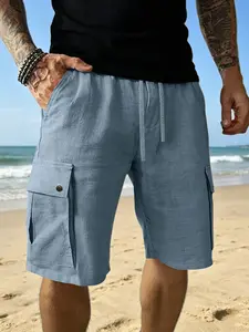 European and American Best-Selling Men's Khaki Work Shorts Summer Casual Five-Pocket Beach Surfing Holiday Multi-Pocket Linen Pants Lightweight Breathable Elastic Drawstring Sweatpants
