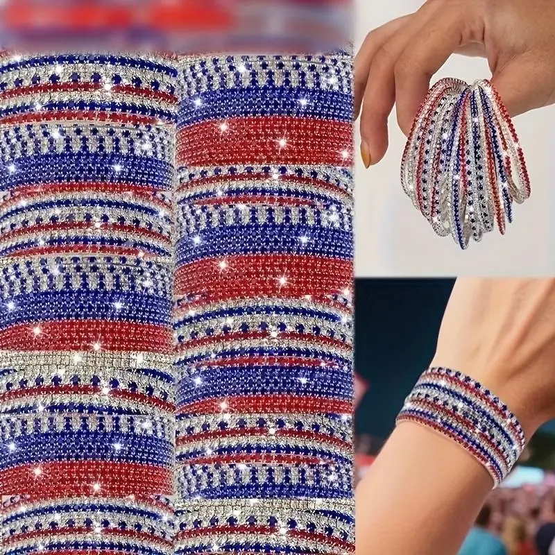 Patriotic Rhinestone Stretch Bracelets, 15-60pc Red, White & Blue Multicolor Stackable Bracelet Bundle, Elastic Bangles for Independence Day, Fashion Bracelet