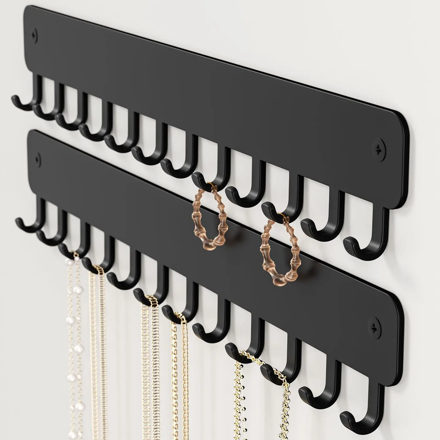 Drill-In Necklace Organizer: Sturdy Necklace Holder Wall Mounted with Hooks for -Free  Storage – Space-Saving Wall Necklace Hanger, Black, 2 count