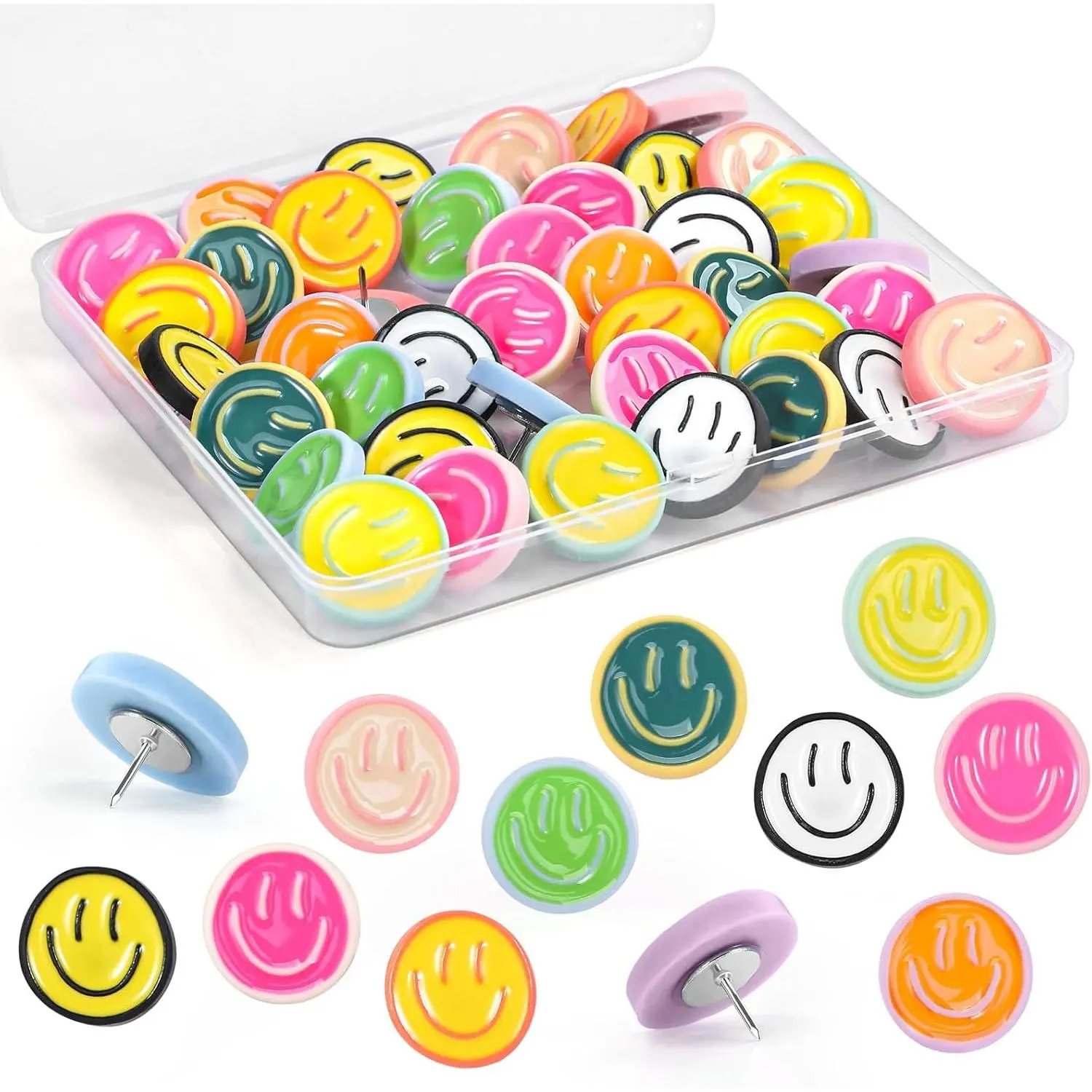 30 Pieces Smiley Cute Push Pins,10Colors Cute Thumb Tacks, Decorative Push Pins for Bulletin Board, Corkboard, Cubicle Wall Accessories