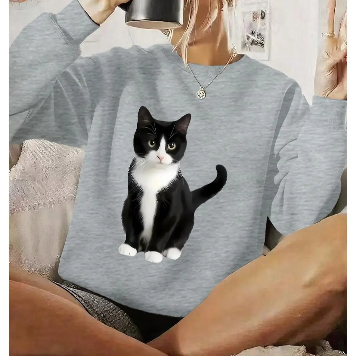 Tuxedo Cat Graphic Oversized Cotton Sweatshirt, Cute Pet Outfit Fashion Top, Best Valentine’s Day Gift For Cat Lovers, Perfect Holiday Present For Family & Loved Ones