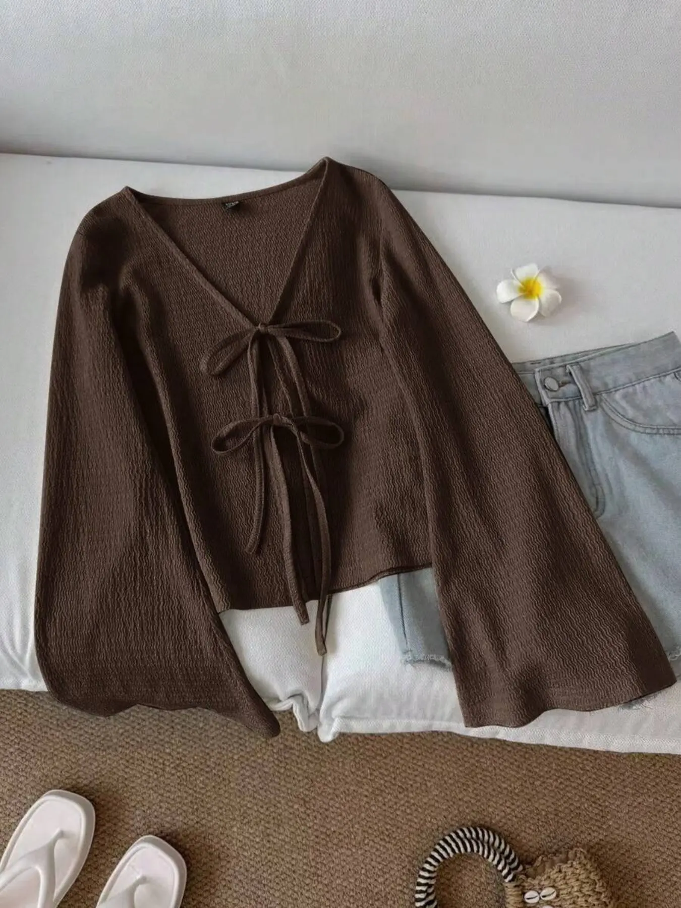 Women's Casual Solid V-Neck Bell Sleeve Knot Top, V-Neck Top, Deep Top, Chocolate Top, Coffee Color Top, Spring & Fall, Blouses