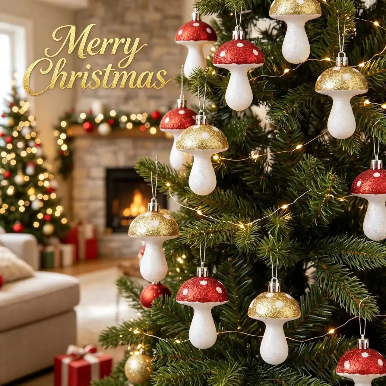 Creative Mushroom Christmas Ornaments 6pcs Gold Glitter, Holiday Tree Decorations, Home Party Wedding Birthday Gifts