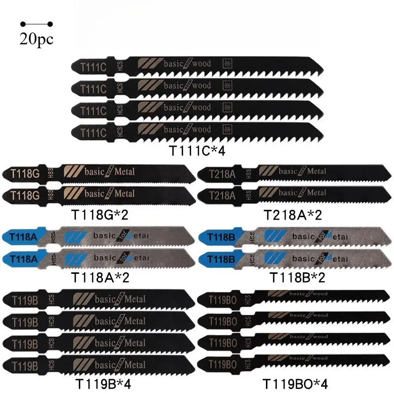 20-Piece Jigsaw Blade Set, Reciprocating Saw Blades for Power Saw Cutting – High Carbon Steel Assorted Blades for Wood, Plastic & Metal Cutting – Compatible with Most Jigsaws