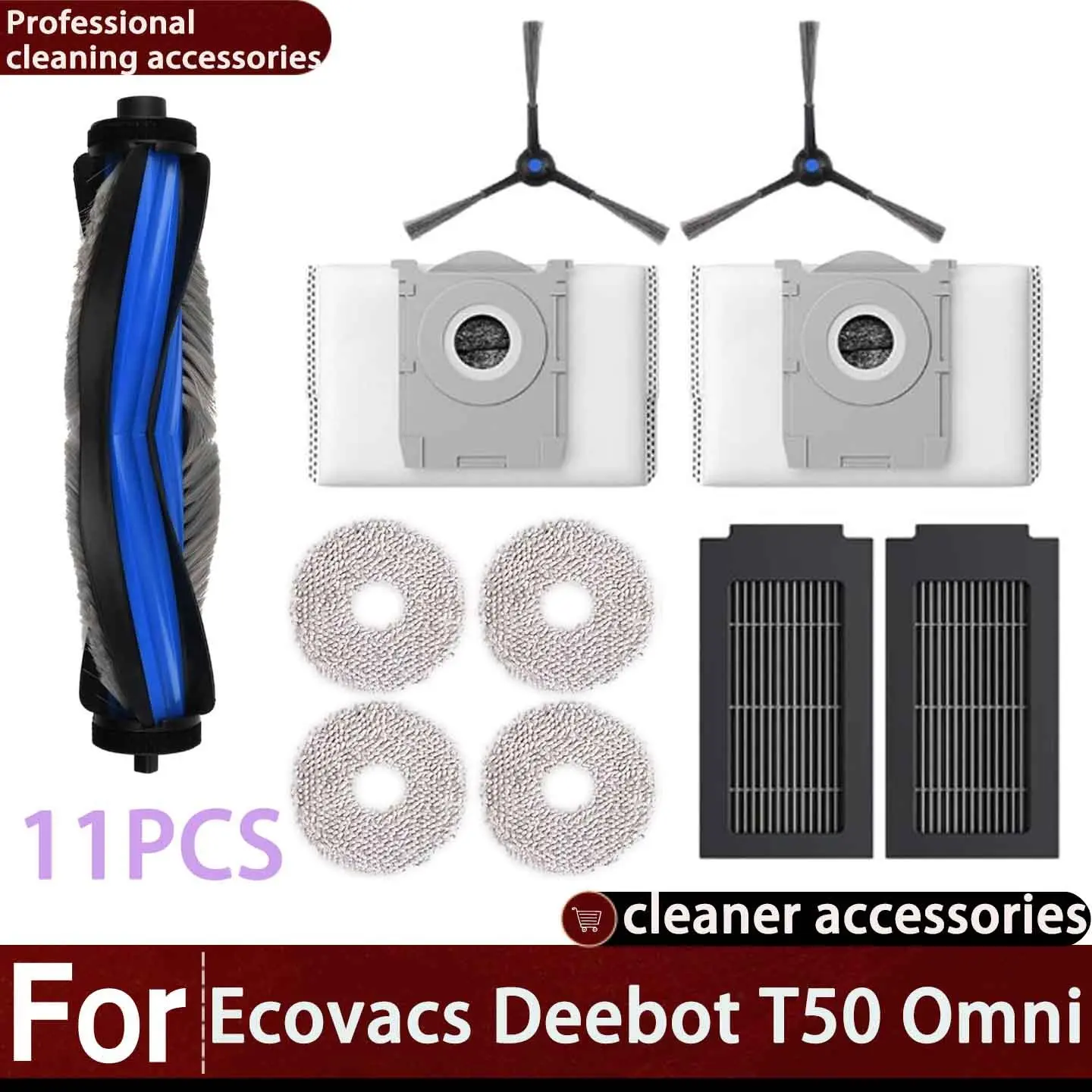 Ecovacs Deebot T50 Pro Omni Accessories Kit, Includes Main Brush, Microfiber Cloths, Side Brushes, Hepa Filters, Dust Pouches, 11-Piece Set