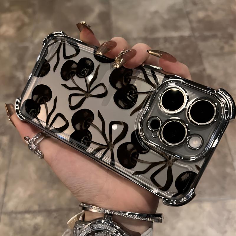 Black Cherry Pattern Four-corner Thickened Mobile Phone Case for iPhone 17 Air 16 15 14 13 12 11 Pro Max Plus border Electroplating with counter-fall Safety Cushion 2D printing Decorative Smartphone Protector Protection