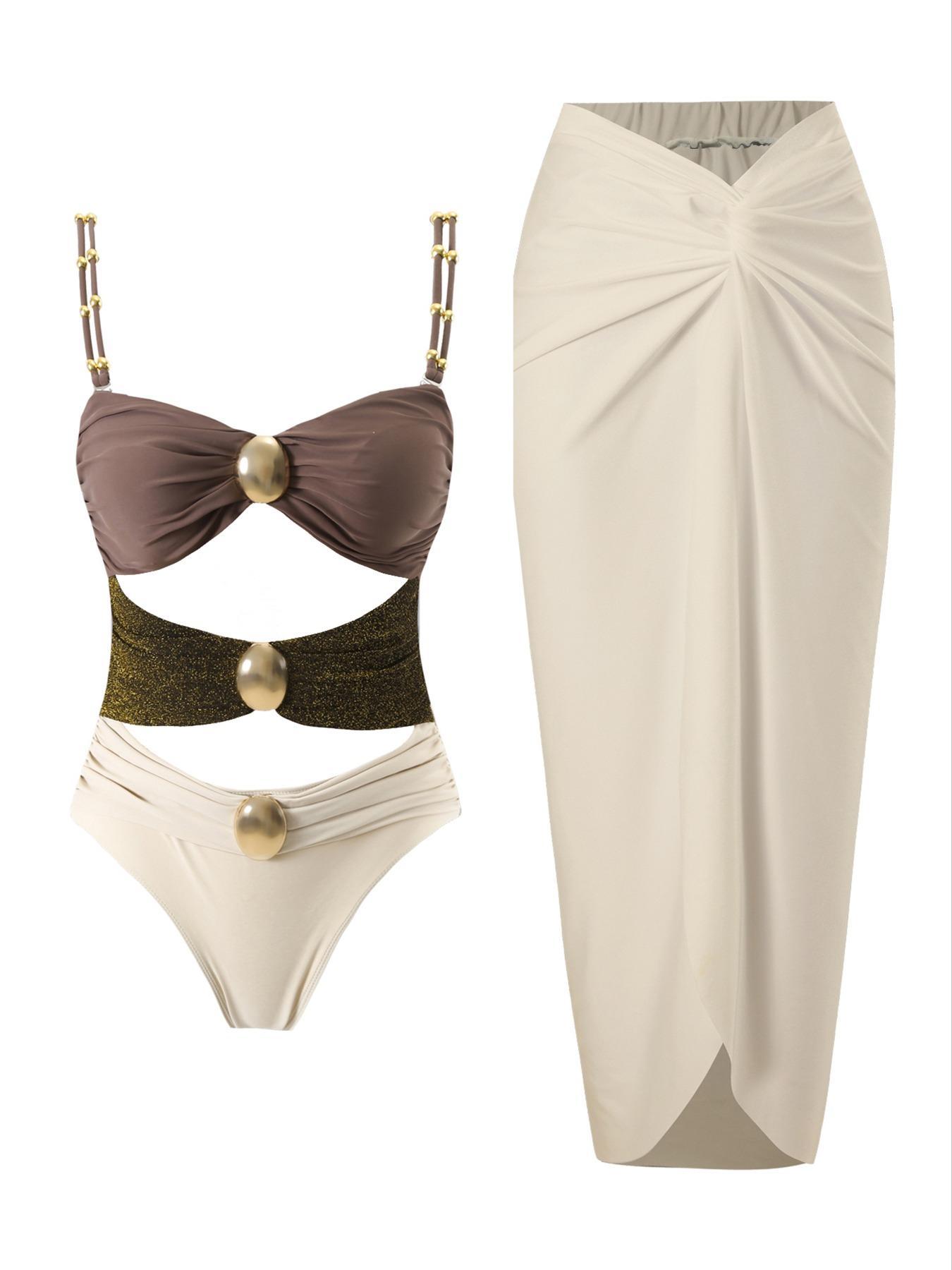 Women's Cut Out Ruched One-piece Swimsuit & Knot Side Cover Up Skirt Set, Solid Sleeveless Swim Top & Cover Up Skirt, Ladies Swimsuit for Beach Holiday Vacation, Swimsuit Cover Ups