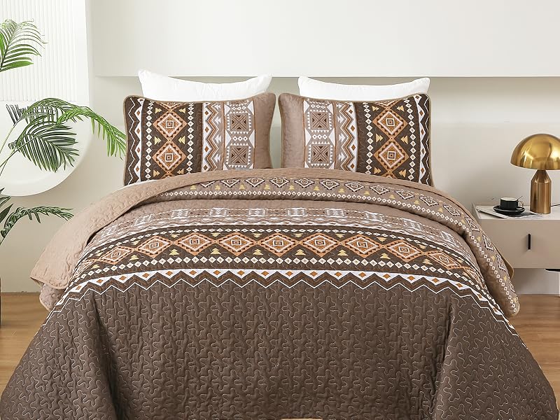 Boho Set Queen Size,3 Pieces Brown Printed Bedspread Coverlet Set,Lightweight Microfiber Bedding Set with 2 Pillowcases,96"*90"