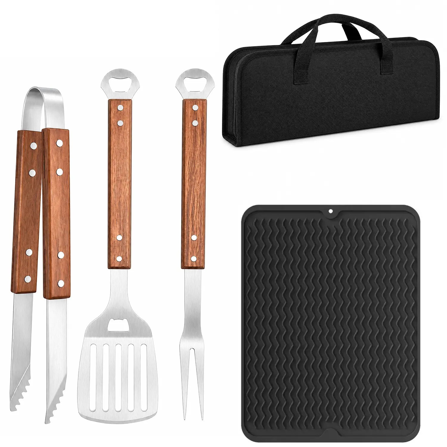BBQ Accessories Set with Spatula, Fork, Tongs, Silicone Mat, Durable Teak Handle, Outdoor BBQ Tools, Father's Day Gift for Men