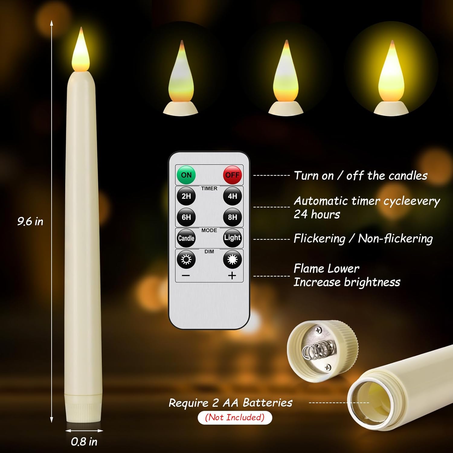 SUNDAY MIRTH Flameless Taper Candles with Remote Control and Timer,  Operated LED Candlesticks with Flickering 3D Flame, 9.6x0.8 Inches Plastic  Candles for Christmas, Wedding and  Decor (, 3)