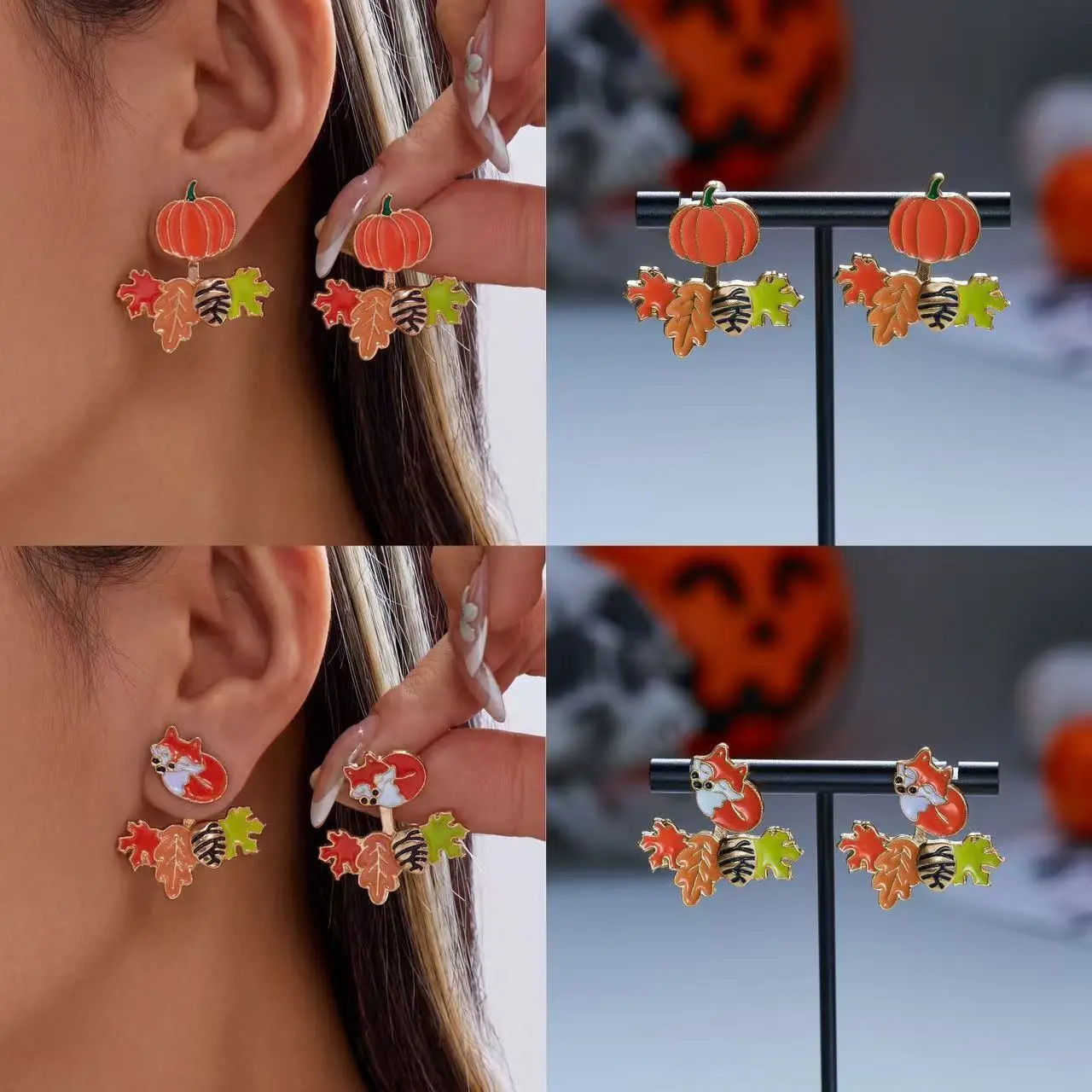 Viral Pumpkin Autumn Leaf Earrings Enamel Orange Fall Thanksgiving Halloween Gold Tone Dangle Earrings For Women Girls Gift