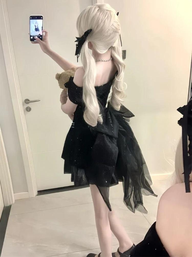 Black French Vintage One Piece Dress Woman Gothic Off Shoulder Bow Retro Mini Dress Female Fairy Birthday Party Chic Outfit 2026 Black French Vintage One Piece Dress Woman Gothic Off Shoulder Bow Retro Mini Dress Female Fairy Birthday Party Chic Outfit 2026