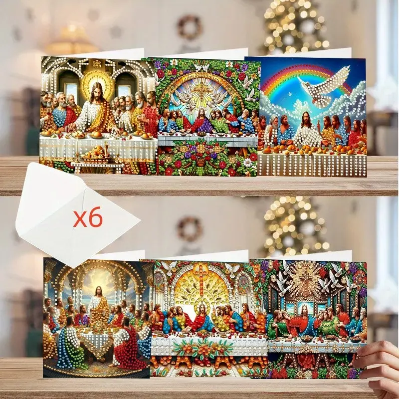 6pcs Last Supper Diamond Painting Kit, Religious Jesus Theme, Handmade Craft Cards with Envelopes, Adult Stress Relief Gift, Holiday Surprise