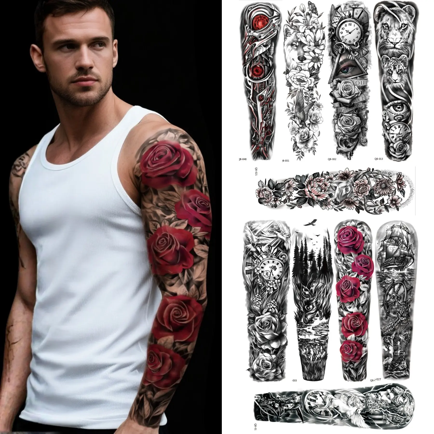 10Pcs Full Arm Temporary Tattoo Sleeves Waterproof Fake Tattoo Stickers Vintage Rose Forest Pattern Long Lasting Body Art Transfer Tattoos For Men Women Halloween Party Festival Street Wear Body Decor Removable Full Sleeve Tattoo, Aesthetic Tattoo Merch