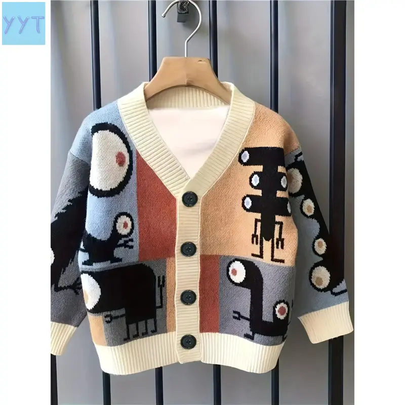 YYT1 Boys' Polyester Long-Sleeve Knitted Cardigan - Korean Look, Cartoon Print, Button Cuffs, Medium Length Autumn-Winter Kids' Fashion Top