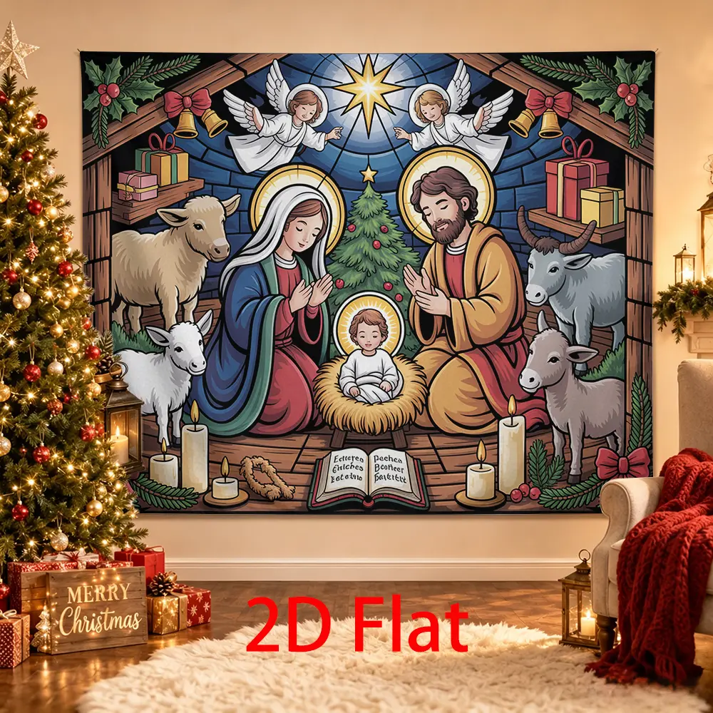 Christmas Nativity Backdrop with Holy Family, Angels, Animals, Gifts and Candles