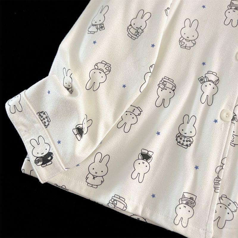 Kawaii Miffy Bunny Thermal Brushed Flannel Sleepwear Set Cozy Open-Front for Women Cute Cartoon Autumn Winter Pajamas K-trend