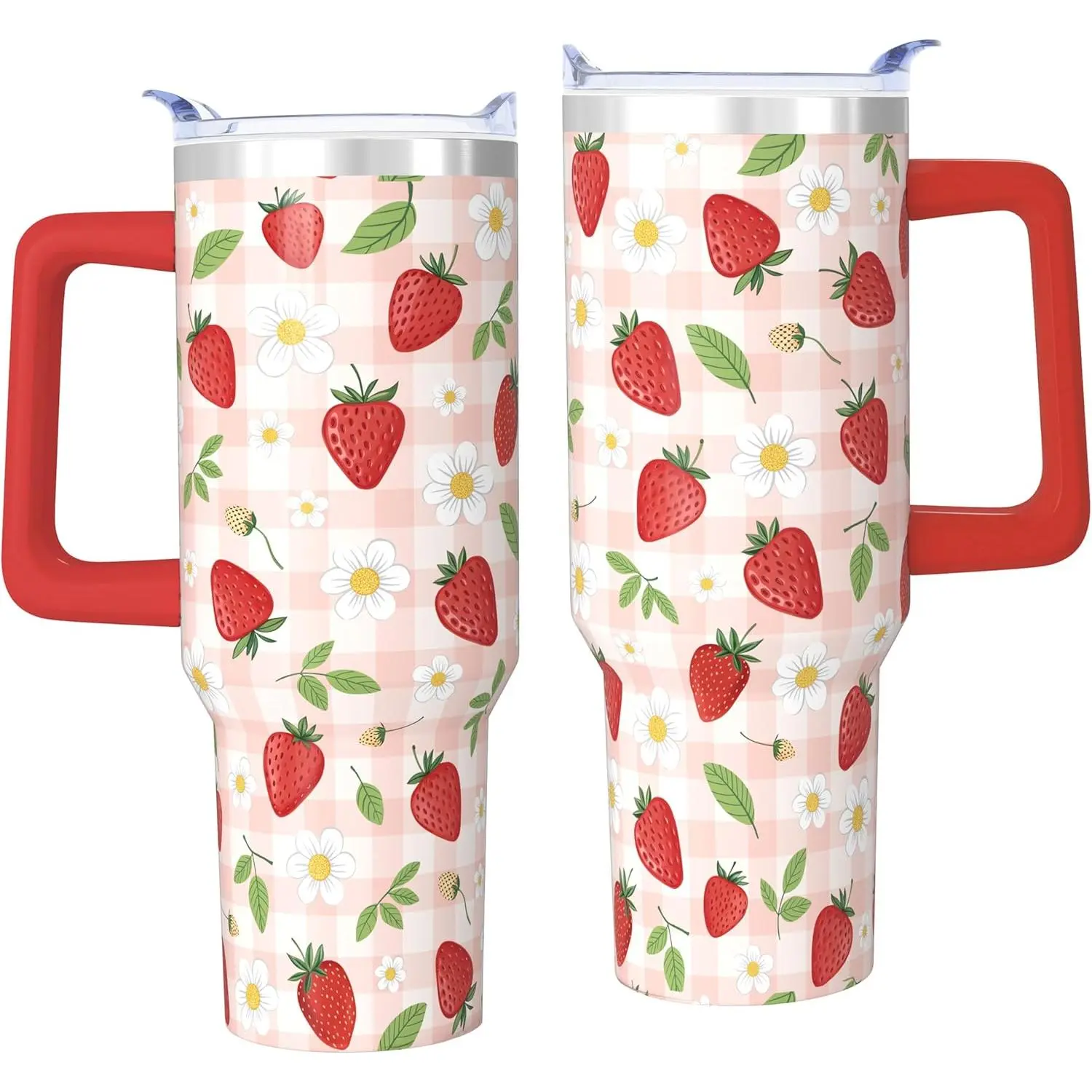 StrawberryTumbler With Handle and Straw, 40 oz Leakproof Stainless Steel Insulated Tumbler, Cup Holder Friendly, Water Bottle Mug Birthday Gifts for Women Who Loves Strawberry