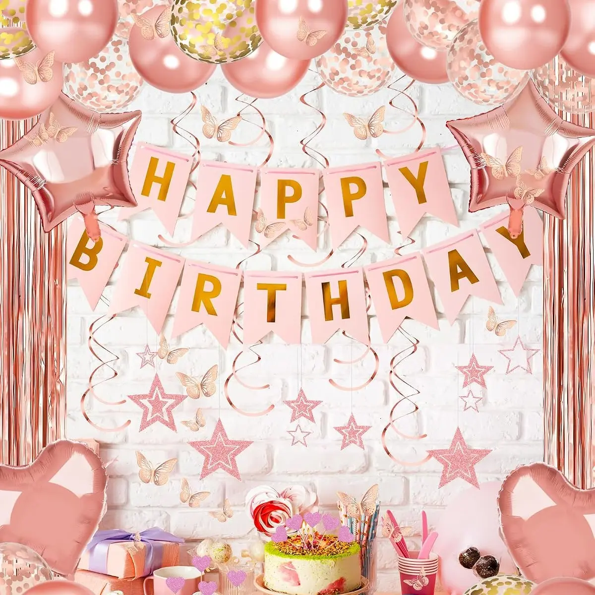 100pcs Rose Gold Birthday Party Decorations, Happy Birthday Banner, Heart Star Confetti Balloons, Princess Party Supplies