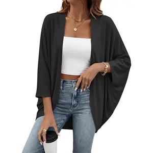 Women's Cotton Lightweight Kimono Cardigans 3/4 Batwing Sleeve Solid Colors