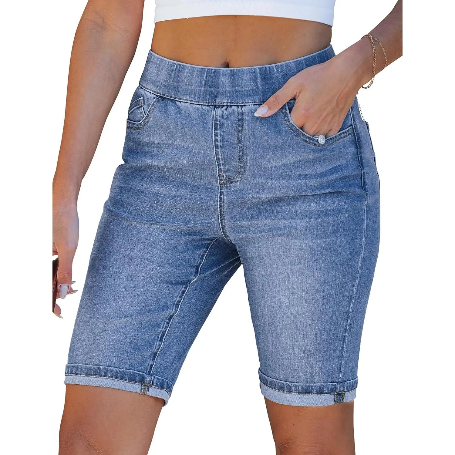 Bermuda Shorts for Women Elastic Waist High Waisted Knee Length Fold Hem Stretchy Denim Long Shorts
