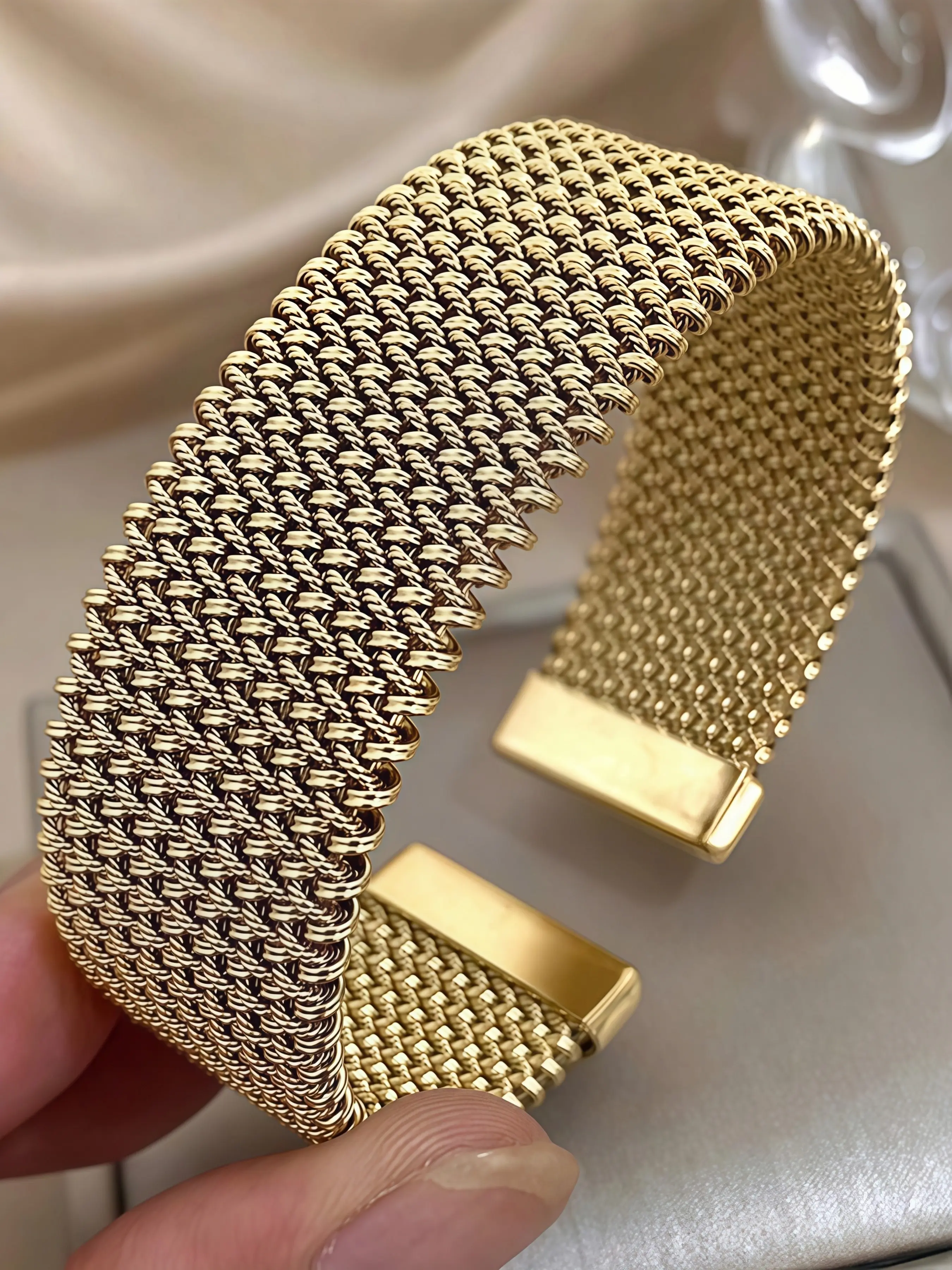 Women's Wide Braided Mesh Open Bracelet, Hypoallergenic Stainless Steel Adjustable Metal Band, Elegant Statement Jewelry for Office, Party, Daily Wear