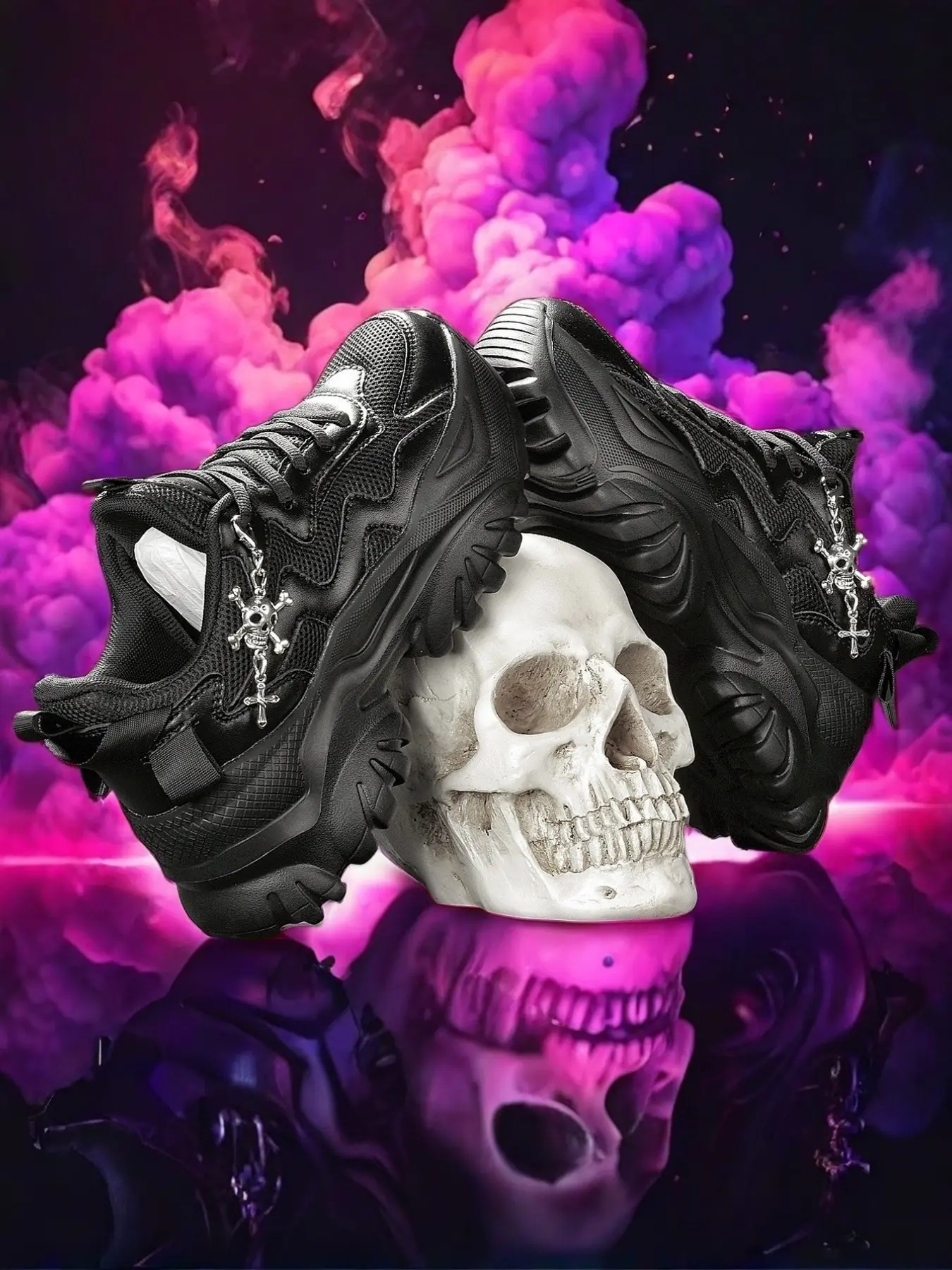 Women's Casual Shoes, Sneaker, 7cm Heel Height, Eva Sole, Breathable Mesh, Y2K Punk Style, Silver Color Cross Skull Chain Decor, All Seasons