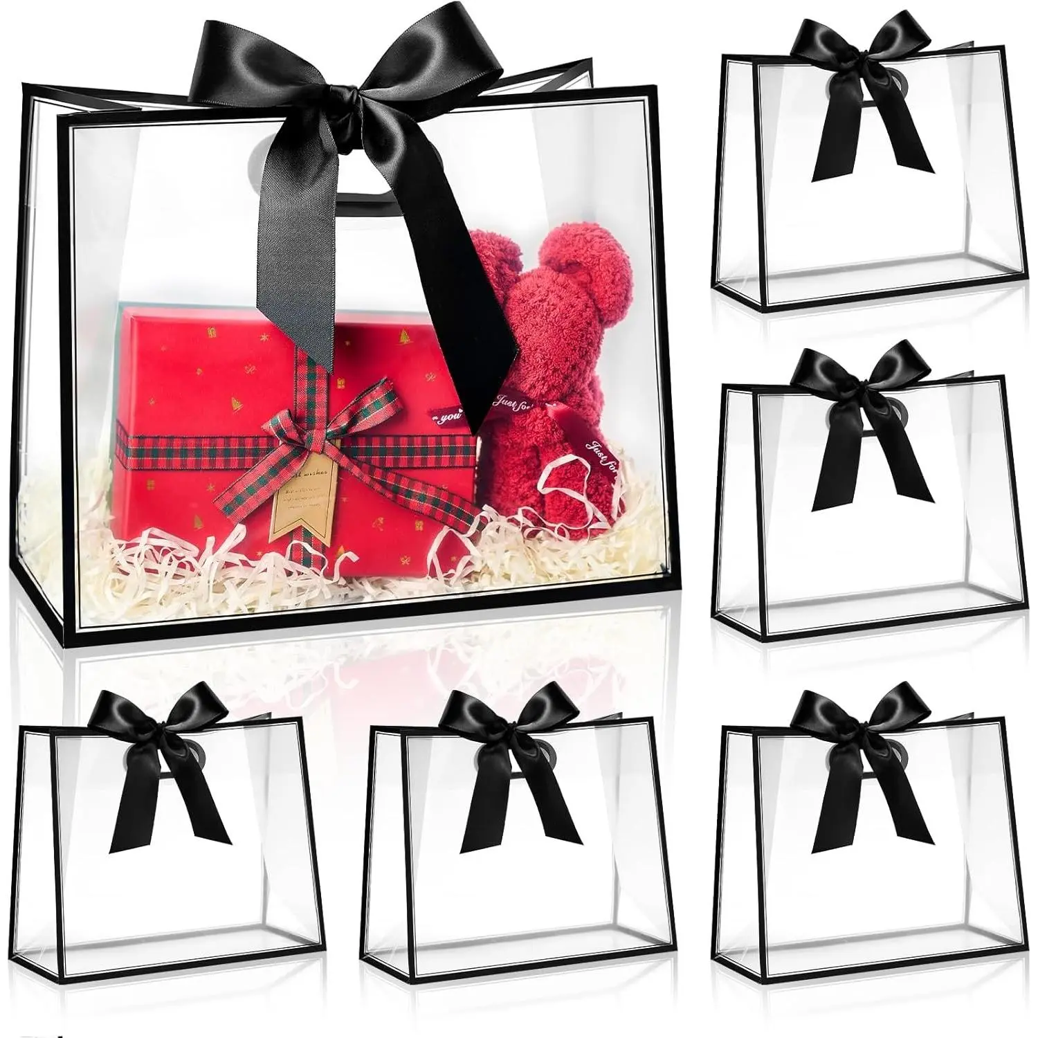Clear Plastic Gift Bags with Handles, 12 Pack, Black | 12 x 10 x 5 Inch, Reusable, With Ribbon, Party Favor Bags, For Wedding, Bachelorette Party