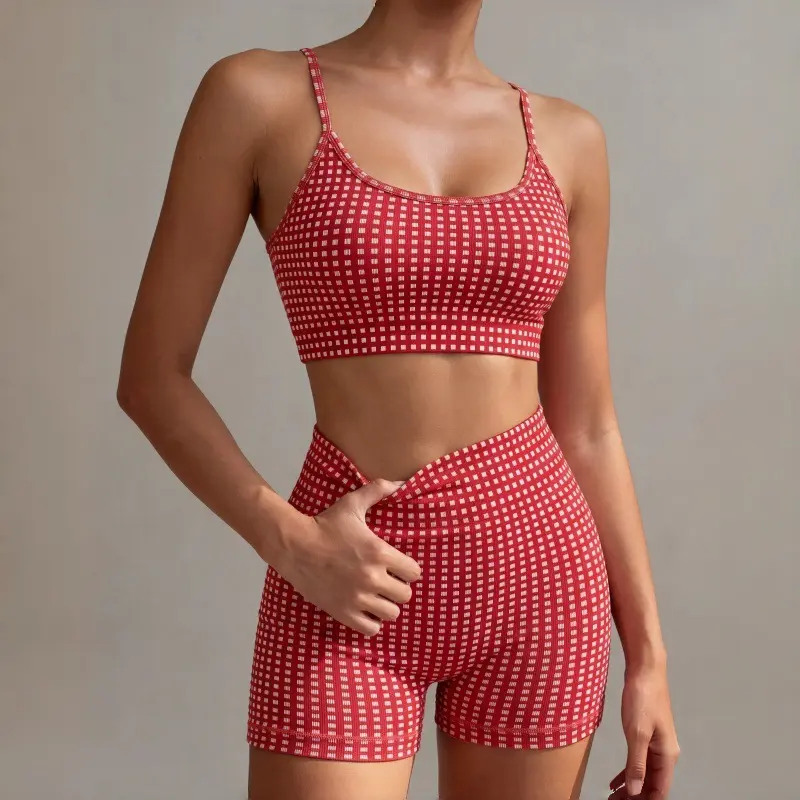 Women's 2-Piece Gingham Yoga Set - Spaghetti Strap Crop Cami Top, High Waist Biker Shorts, Plaid Active Outfit for Yoga, Workout