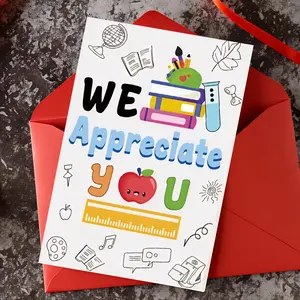 1 greeting card and envelope set, graduation season thank-you message blessing card, book and red apple illustration paired with the English text "We Appreciate You," suitable as a gift for teachers on Teacher's Day to express gratitude for their support