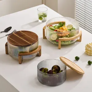High-End Transparent Glass Salad Bowl with Wooden Base, Durable Quality Glass and Rustic Style Stand, Perfect for Parties, Dishwasher Safe, Ideal for Dining