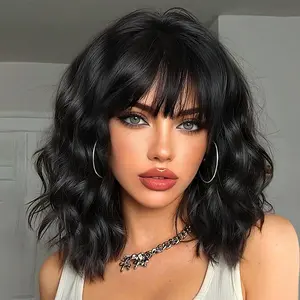 14" Black Wavy Bob Wig with Full Bangs - Heat Resistant Synthetic Hair, Realistic Look, Perfect for Daily & Party