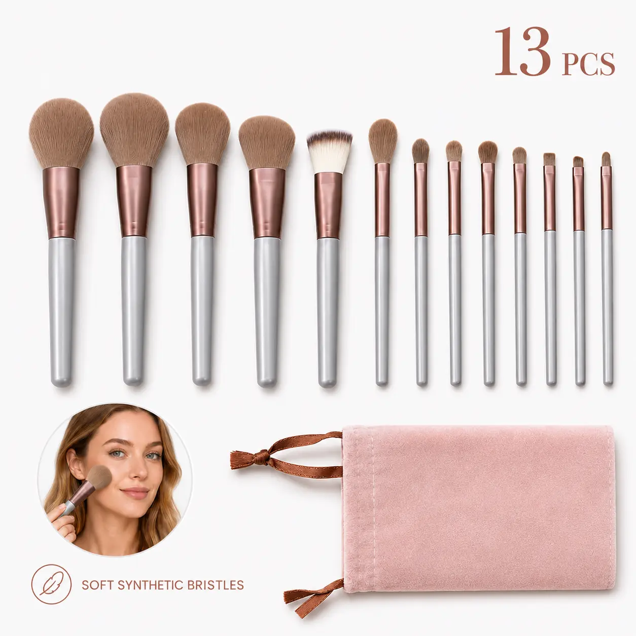 13PCS Makeup Brushes Set, Soft Synthetic Cosmetic Brush Kit with Bag, Foundation Powder Eyeshadow Blending Brushes for Women & Beginners