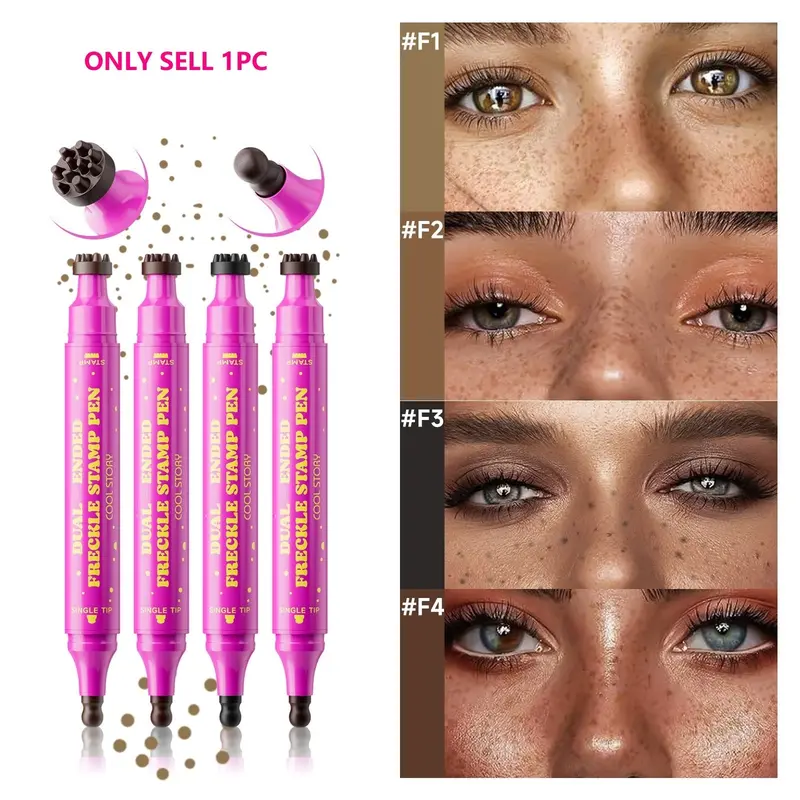 Dual-End Freckle Stamp Pen, Natural Realistic Freckle Makeup Brush, Long-Lasting Waterproof Freckle Marker, 4 Colors for Daily Face Makeup, Natural Look