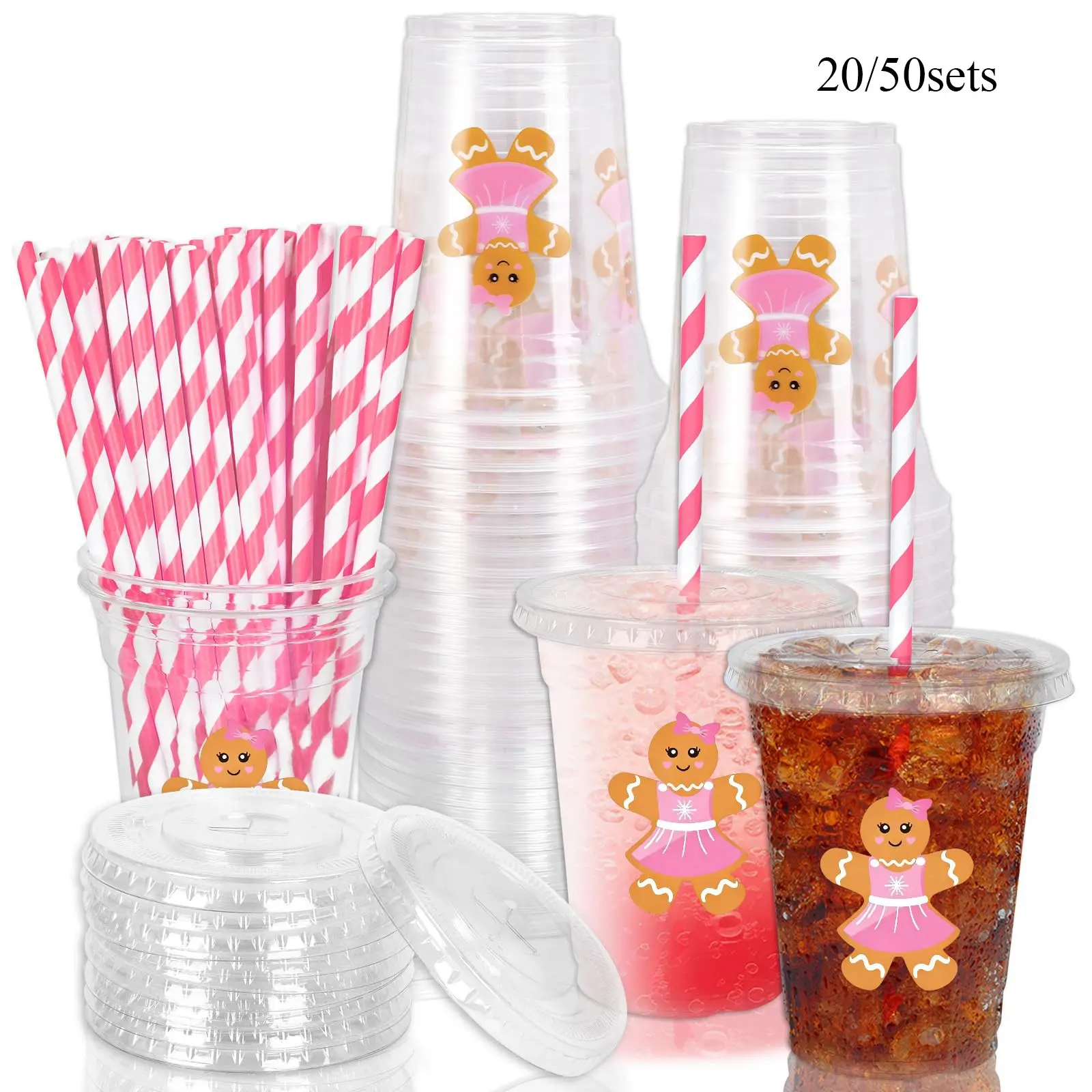 20/50 Pack 12oz Christmas Disposable Plastic Cups with Lids and Straws, Cute Gingerbread Man Design, Ideal for Cold Drinks, Party Supplies