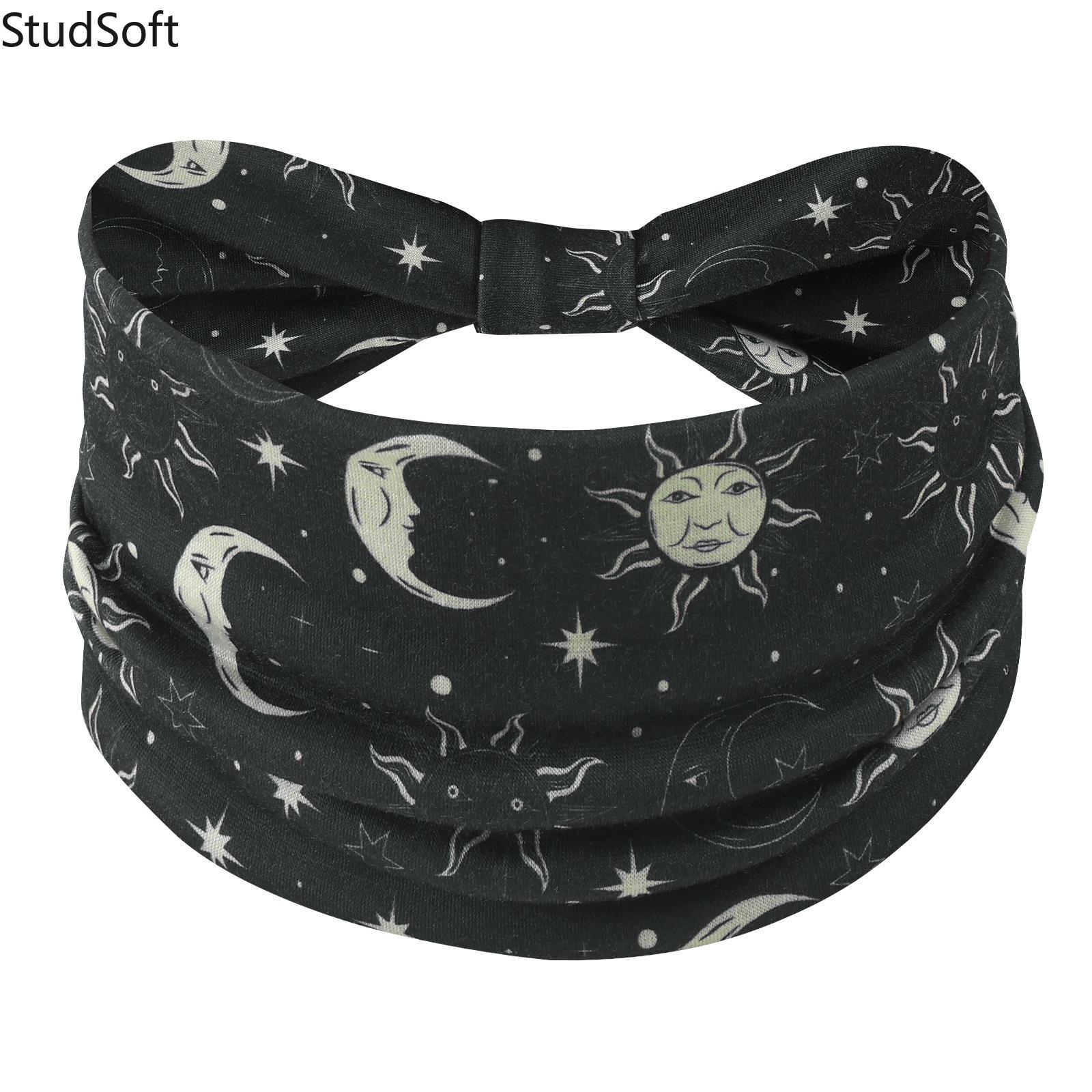 Star & Moon Print Wide Headbands for Women, Bohemian Fashion Hair Bands, Elastic Sweat Wicking Head Wraps for Yoga Running Workout Fitness, 4 Pack