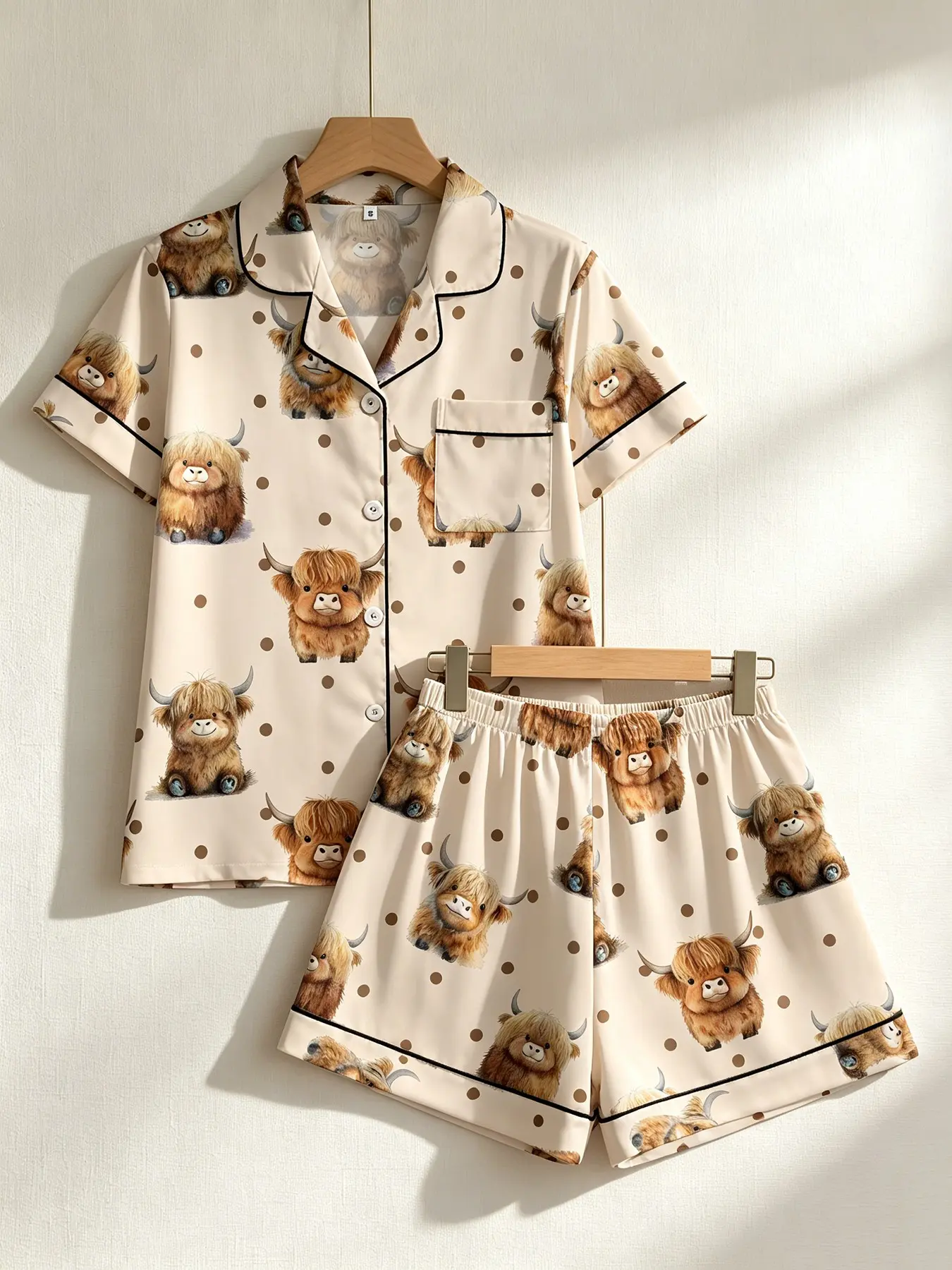 Women's Button-Down Short Sleeve Top & Shorts Casual Pajama Set Pyjamas, Beige Highland Cow Polka Dot Print, Black Piping, Spring Summer Wear, Loose Slim Fit, Playful Girly Cute Farm Animal Print Loungewear