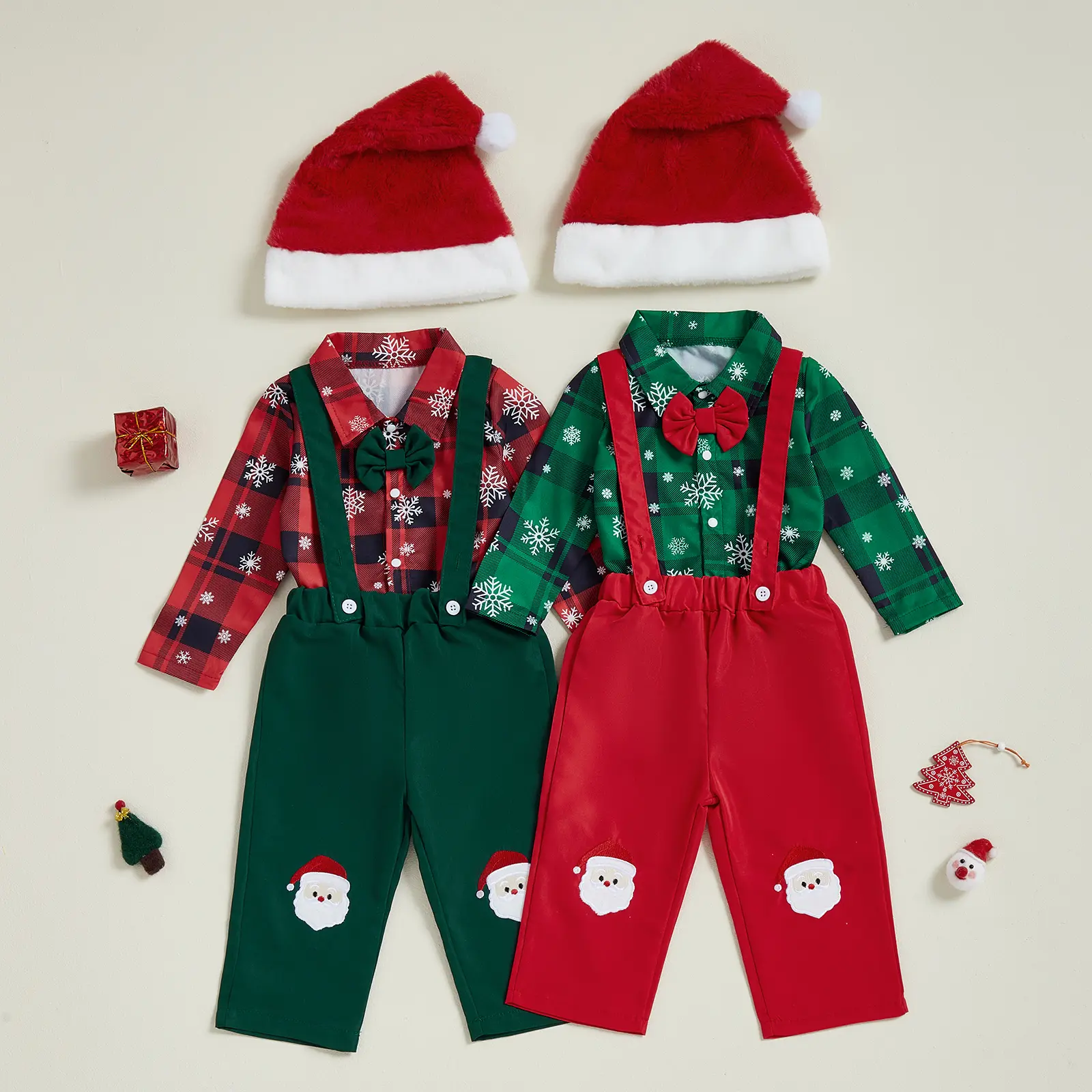 My First Christmas Baby Boy Outfit Plaid Romper Sweater Sweatsuit Long Sleeve Suspender Overalls 3Pcs Pants Hat Set