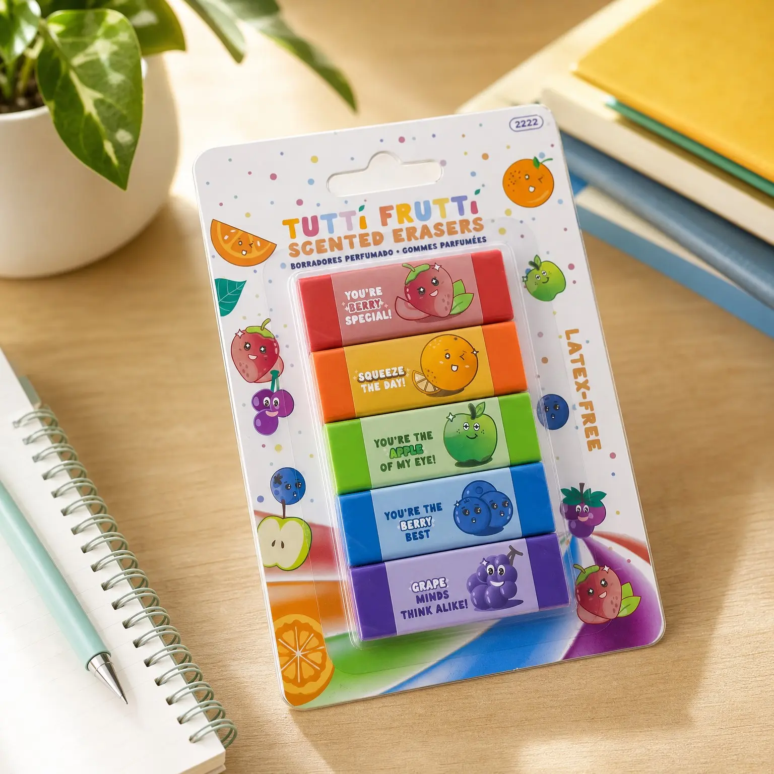 Fruit Scented Erasers - Strawberry, Apple, Orange, Blueberry, Grape | Non-Toxic, Latex-Free, Clean Erase, 5 Pack for Classroom and Home