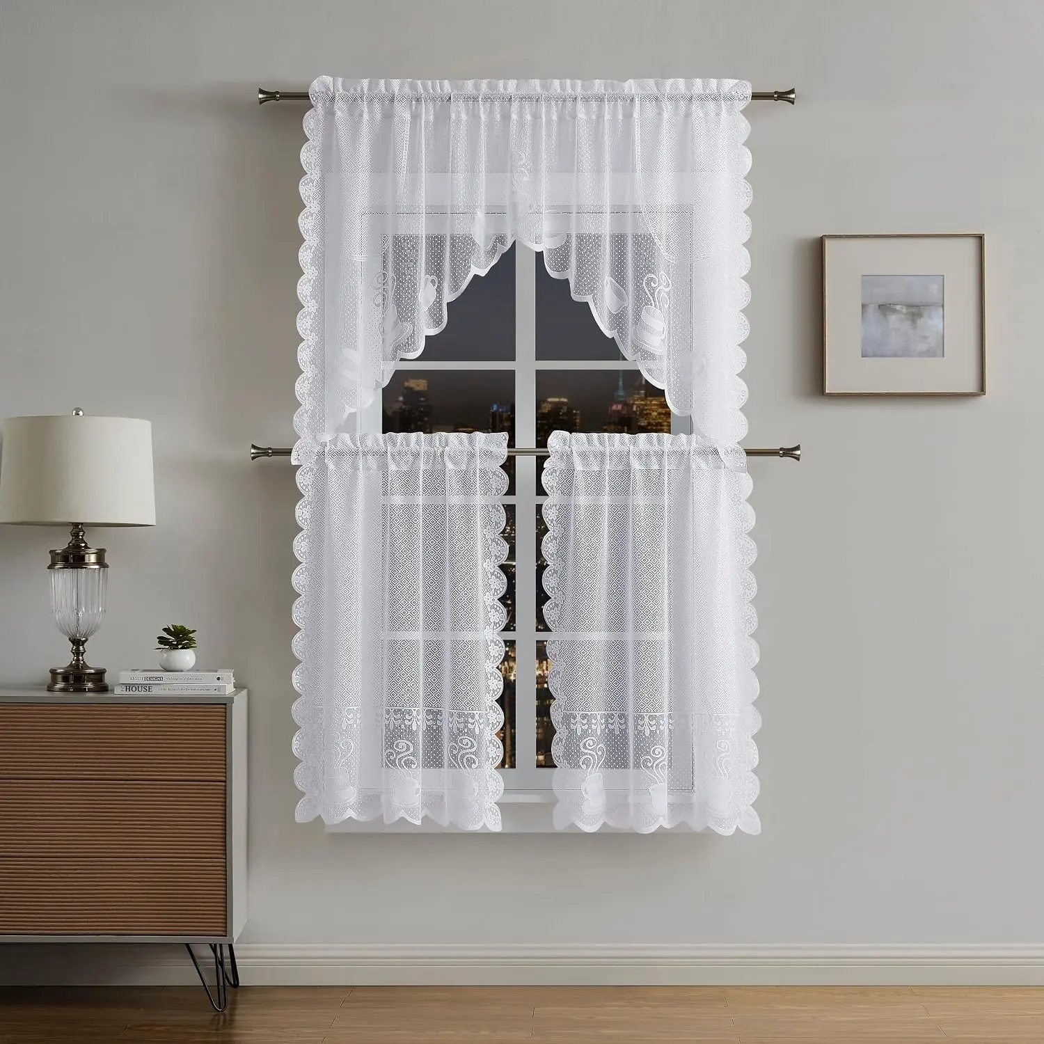 3 count White Lace Kitchen Curtains Set. (Coffee 3 count Set, White)