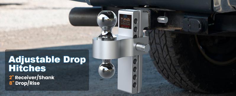Adjustable Trailer Hitch, 8 Inch Drop Hitch Ball Mount (Fits 2-Inch Receiver), 12,500 LBS GTW, (2" & 2-5/16") Chrome Plated Steels Balls, Aluminum Tow Hitches with Two Anti-Theft Pins Locks
